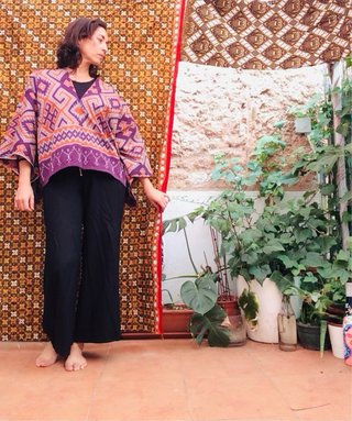 Poncho Lombok Indonesia Telar Morado/Marrón
