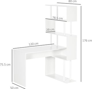 Escritorio Angular Moderno de Aglomerado con Estante de 4 Niveles para Oficina y Estudio, 120X80X176 Cm, Blanco