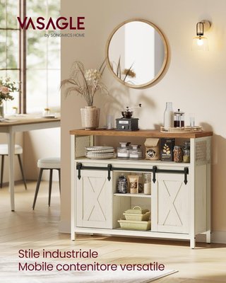 Credenza, Mueble de Cocina, Armario Organizador, Con 2 Puertas Correderas, 33 X 100 X 80 Cm, Estantes Regulables, Estilo Country, para Salón, Blanco Vintage y Marrón Miel