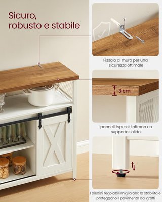 Credenza, Mueble de Cocina, Armario Organizador, Con 2 Puertas Correderas, 33 X 100 X 80 Cm, Estantes Regulables, Estilo Country, para Salón, Blanco Vintage y Marrón Miel