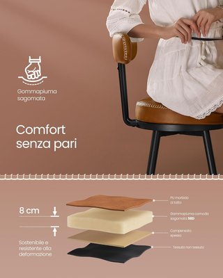 Conjunto de 2 Taburetes de Cocina, Taburetes de Bar Giratorios con Respaldo, Sillas de Cocina, Tapizado con Costura, Moderno de Mediados de Siglo, Altura 76 cm, Marrón Caramelo