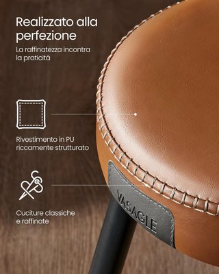 Taburetes de Cocina, Set de 4 Taburetes Altos de Bar, Sillas de Cocina, PU con Costura, Moderno de Mediados de Siglo, Altura 63 cm, Fácil de Montar, Marrón Caramelo