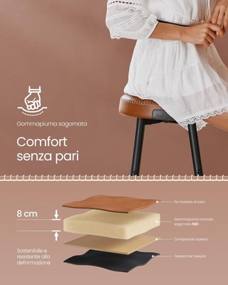 Taburetes de Cocina, Set de 4 Taburetes Altos de Bar, Sillas de Cocina, PU con Costura, Moderno de Mediados de Siglo, Altura 63 cm, Fácil de Montar, Marrón Caramelo