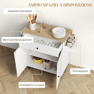 Isla de Cocina Con Mesa Plegable, Cajón, Armario de 2 Puertas, Porta Especias y Toallero, Mueble de Cocina Con Estante Regulable y Ruedas con Freno, 106X42X87 Cm, Blanco