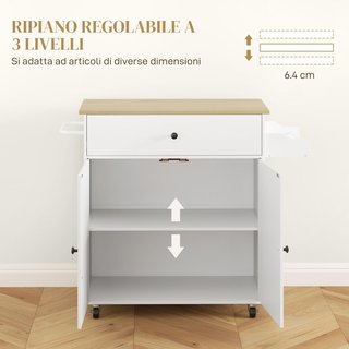 Isla de Cocina Con Mesa Plegable, Cajón, Armario de 2 Puertas, Porta Especias y Toallero, Mueble de Cocina Con Estante Regulable y Ruedas con Freno, 106X42X87 Cm, Blanco