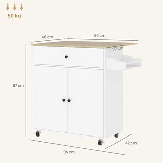 Isla de Cocina Con Mesa Plegable, Cajón, Armario de 2 Puertas, Porta Especias y Toallero, Mueble de Cocina Con Estante Regulable y Ruedas con Freno, 106X42X87 Cm, Blanco