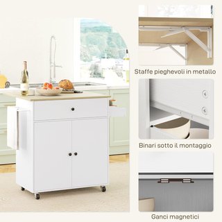 Isla de Cocina Con Mesa Plegable, Cajón, Armario de 2 Puertas, Porta Especias y Toallero, Mueble de Cocina Con Estante Regulable y Ruedas con Freno, 106X42X87 Cm, Blanco