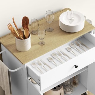 Isla de Cocina Con Mesa Plegable, Cajón, Armario de 2 Puertas, Porta Especias y Toallero, Mueble de Cocina Con Estante Regulable y Ruedas con Freno, 106X42X87 Cm, Blanco