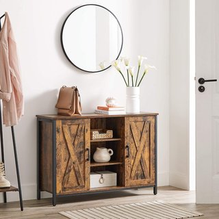 Mueble de Cocina, Credenza, Armario con Compartimentos Cerrados y Estantes, Puertas Estilo Granero, para Comedor Cocina Sala de Entrada, Industrial, Marrón Vintage y Negro