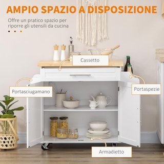 Carro De Cocina Multiusos Con Cajón, Ruedas, Porta Especias Y Armario, Mueble De Cocina Con Estante Regulable, Porta Toallas Y Tablero De Madera De Caucho, 109X40X89 Cm, Blanco