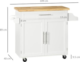 Carro De Cocina Multiusos Con Cajón, Ruedas, Porta Especias Y Armario, Mueble De Cocina Con Estante Regulable, Porta Toallas Y Tablero De Madera De Caucho, 109X40X89 Cm, Blanco