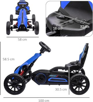Go Kart a Pedali para Niños de 3-8 Años con Asiento Ajustable en 4 Posiciones y Ruedas de EVA, 100X58X58.5 Cm, Azul y Negro