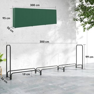 Leñera Exterior de Metal, Soporte de Leña Exterior con Cubierta Impermeable, Estructura Ajustable, Soporte de Leña Elevado, 1M³, 300X36X99 Cm, Negro y Verde Oscuro