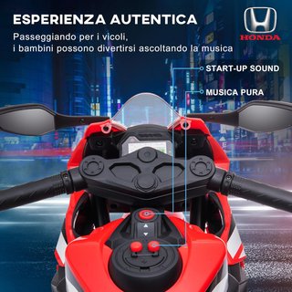 Moto Eléctrica para Niños Con Licencia HONDA, Moto para Niños Eléctrica Con Batería 6V Recargable, Velocidad 3 Km/H, Música y Ruedecillas, Roja