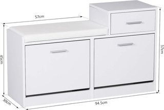 Zapatero Moderno Con Banco Tapizado para 12 Pares de Zapatos, Mueble de Entrada Con Zapatero, Madera, Elegante, Amplio, 94,5X57X30 Cm, Blanco