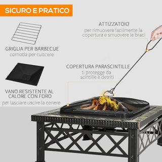 Chimenea de Jardín con Tapa Antichispas y Parrilla para Barbacoa en Metal 76X76X47Cm Negra