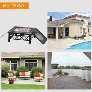Chimenea de Jardín con Tapa Antichispas y Parrilla para Barbacoa en Metal 76X76X47Cm Negra