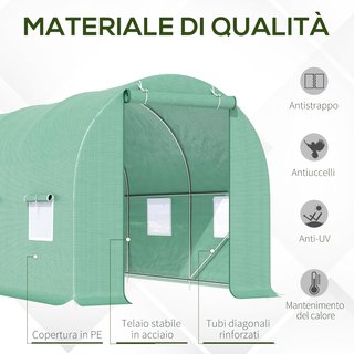 Invernadero de Jardín en Forma de Túnel 4.45X2X2 M, Con 6 Ventanas y Puerta Enrollable, Invernadero de Jardín Con Techo Redondeado, en PE y Metal, Verde