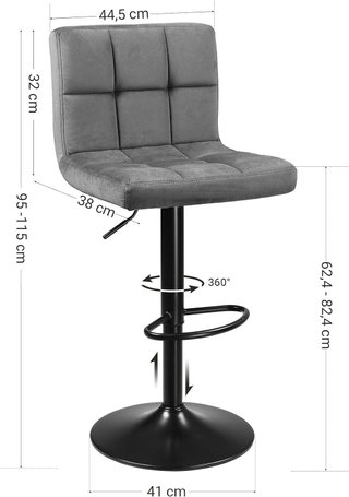 Taburetes de Bar, Set de 2, Taburetes de Cocina con Superficie de Terciopelo, Altura Ajustable, Silla de Cocina Giratoria con Respaldo y Reposapiés, Gris Oscuro