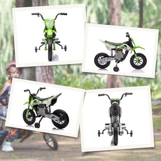 Moto Eléctrica de 12V para Niños de 3-6 Años con 2 Motores y Acelerador Manual, Mini Moto Cross para Niños con Suspensión, Ruedas Removibles, Indicador de Carga, Sonidos, 2.4-5Km/H, Verde