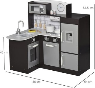 Cocina de Juguete para Niños de Madera con 14 Accesorios, Horno, Fregadero, Nevera y Microondas, Edad 3+ Años, 86X64X84.5Cm, Plateado y Marrón