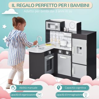 Cocina de Juguete para Niños de Madera con 14 Accesorios, Horno, Fregadero, Nevera y Microondas, Edad 3+ Años, 86X64X84.5Cm, Plateado y Marrón