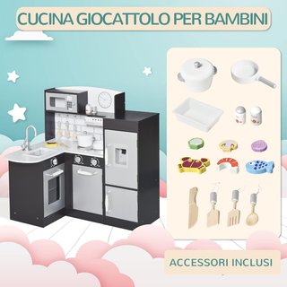 Cocina de Juguete para Niños de Madera con 14 Accesorios, Horno, Fregadero, Nevera y Microondas, Edad 3+ Años, 86X64X84.5Cm, Plateado y Marrón