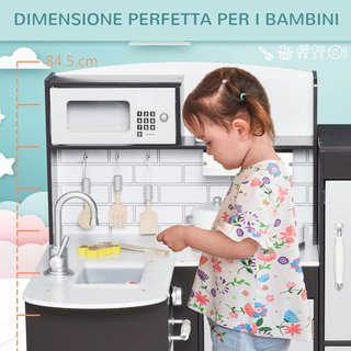 Cocina de Juguete para Niños de Madera con 14 Accesorios, Horno, Fregadero, Nevera y Microondas, Edad 3+ Años, 86X64X84.5Cm, Plateado y Marrón
