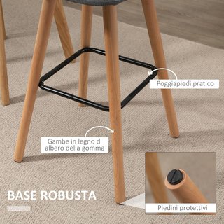 Set de 2 Taburetes de Bar, Taburetes de Cocina con Respaldo y Reposapiés, Asiento Acolchado en Tela y Patas de Madera, 41.5X47X97.5, Gris