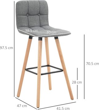 Set de 2 Taburetes de Bar, Taburetes de Cocina con Respaldo y Reposapiés, Asiento Acolchado en Tela y Patas de Madera, 41.5X47X97.5, Gris