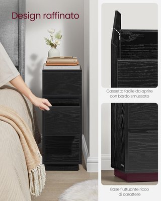 Colección KAILYN - Mesitas de Noche Estrechas, Juego de 2, Mesas con 2 Cajones y Compartimento Montado a la Izquierda o Derecha, para Dormitorio, Sala de Estar, Negro Tinta LET856B56