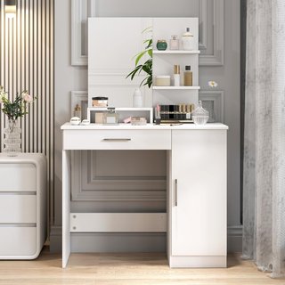 Espejo de Maquillaje, Mesa de Maquillaje con Cajón, Armario, Estantes Abiertos y Estante Regulable, Mesa de Tocador para Dormitorio, Moderna, 90X38X138 Cm, Blanca