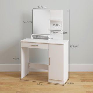 Espejo de Maquillaje, Mesa de Maquillaje con Cajón, Armario, Estantes Abiertos y Estante Regulable, Mesa de Tocador para Dormitorio, Moderna, 90X38X138 Cm, Blanca
