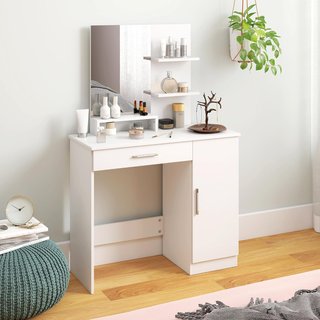 Espejo de Maquillaje, Mesa de Maquillaje con Cajón, Armario, Estantes Abiertos y Estante Regulable, Mesa de Tocador para Dormitorio, Moderna, 90X38X138 Cm, Blanca