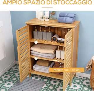 Mueble de Baño Moderno de 2 Puertas, Armario de Baño con 2 Estantes Ventilados en Bambú, 68X32X86 Cm, Color Madera