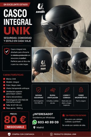 Casco Integral Unik Negro Mate Talla M