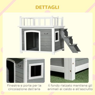 Caseta para Perros de Tamaño Pequeño y Mediano con Terraza, Escalera y Ventana, 121X77X78Cm, Gris Claro
