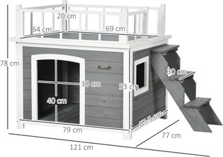 Caseta para Perros de Tamaño Pequeño y Mediano con Terraza, Escalera y Ventana, 121X77X78Cm, Gris Claro
