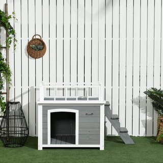 Caseta para Perros de Tamaño Pequeño y Mediano con Terraza, Escalera y Ventana, 121X77X78Cm, Gris Claro