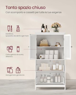 Mueble de Baño, Mueble de Baño, Credenza de Cocina, Armario con 2 Cajones y 2 Puertas, Estante Regulable, 30 X 60 X 110 Cm, Blanco BBC551P31