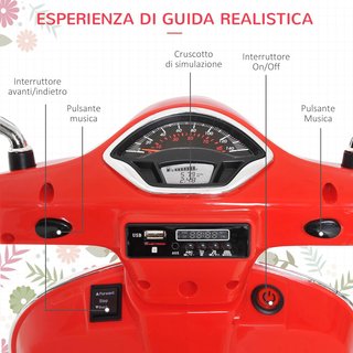 Vespa Moto Eléctrica para Niños, Motorino Eléctrico de 6V para Niños de 3-6 Años con Música MP3 USB Tarjeta TF, Ruedas de Soporte, Luces y Sonidos, 2-3Km/H, 102X50.5X75.5 Cm, Rojo