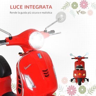 Vespa Moto Eléctrica para Niños, Motorino Eléctrico de 6V para Niños de 3-6 Años con Música MP3 USB Tarjeta TF, Ruedas de Soporte, Luces y Sonidos, 2-3Km/H, 102X50.5X75.5 Cm, Rojo