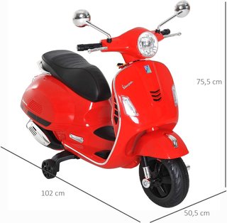 Vespa Moto Eléctrica para Niños, Motorino Eléctrico de 6V para Niños de 3-6 Años con Música MP3 USB Tarjeta TF, Ruedas de Soporte, Luces y Sonidos, 2-3Km/H, 102X50.5X75.5 Cm, Rojo