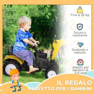 Excavadora de Juguete a Pedales para Niños de 3 a 6 Años, Excavadora a Caballo con 4 Ruedas, de Acero y Plástico, 107X42X71 Cm, Amarillo
