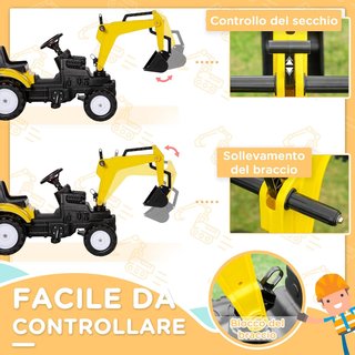 Excavadora de Juguete a Pedales para Niños de 3 a 6 Años, Excavadora a Caballo con 4 Ruedas, de Acero y Plástico, 107X42X71 Cm, Amarillo