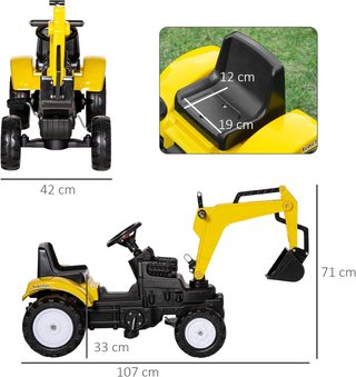 Excavadora de Juguete a Pedales para Niños de 3 a 6 Años, Excavadora a Caballo con 4 Ruedas, de Acero y Plástico, 107X42X71 Cm, Amarillo