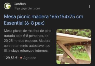 Mesa picnic madera 165x154x75 cm Gardiun Essential