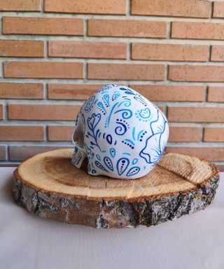 Calavera decorada azul con gusano