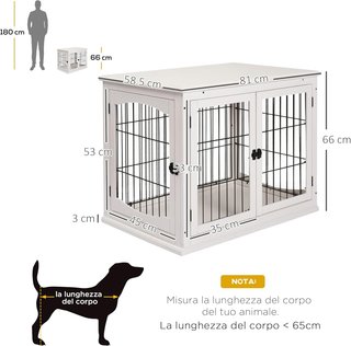 Caseta para Perros de Interior, Jaula para Animales de Madera y Metal con Doble Puerta, 58.5X81X66Cm, Blanco