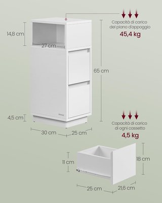 Mesitas Estrechas, Set de 2, Mesas con 2 Cajones y Compartimento Montado Hacia la Izquierda o Derecha, para Dormitorio, Sala de Estar, Blanco Nube